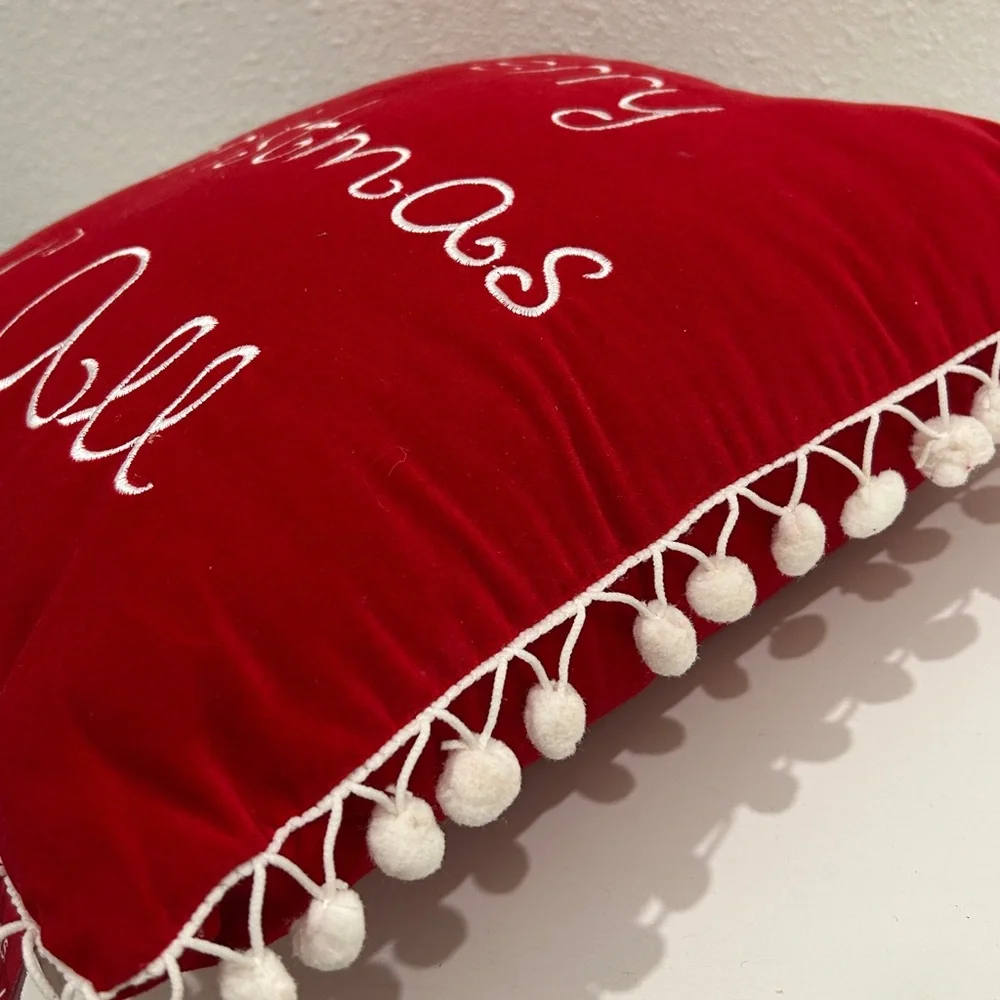 Vintage Red Velveteen “Merry Christmas Y’all” PomPom Throw Pillow